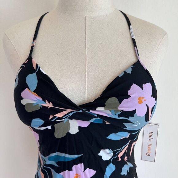 Hula Honey Floral Plunge Tankini Swim Top Black Size XS Juniors NWT - Picture 3 of 12